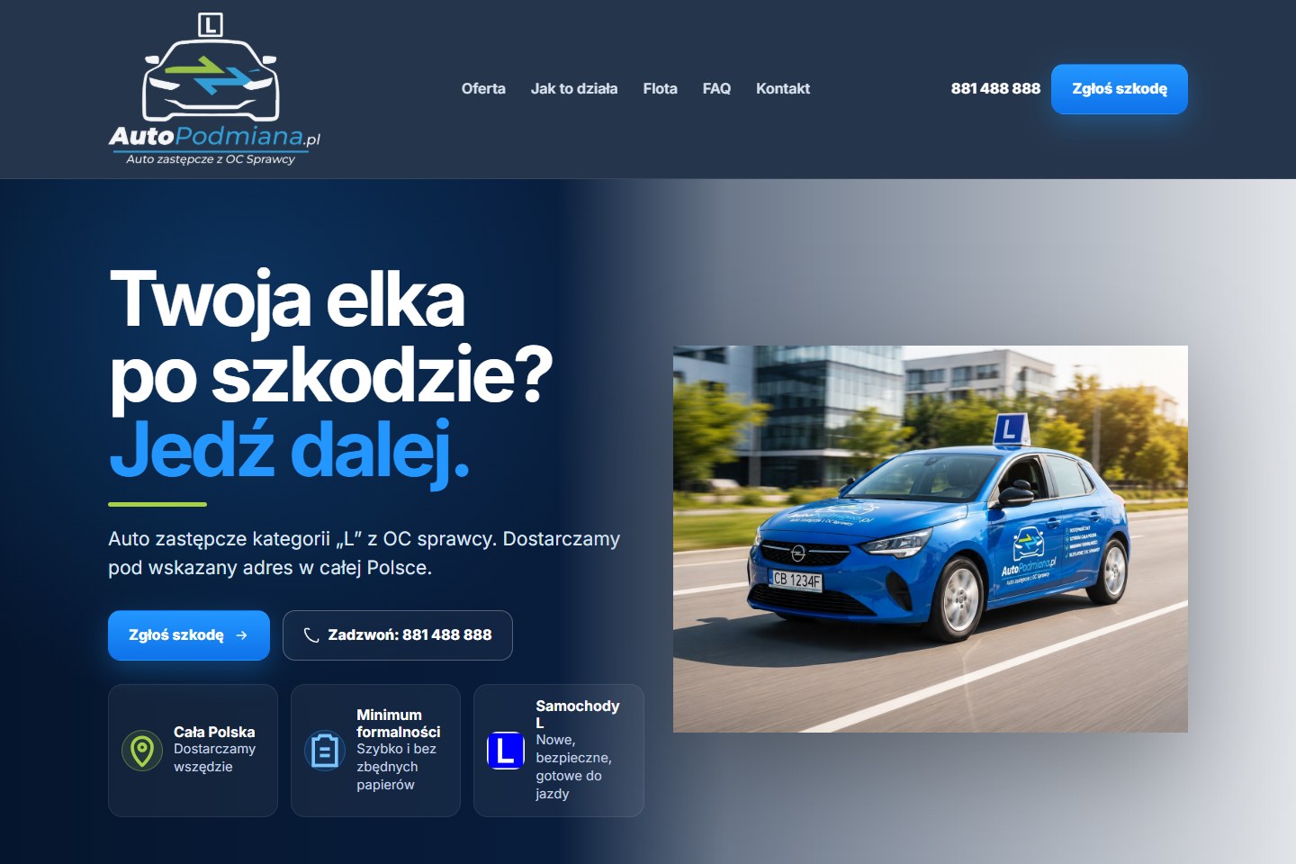 Strona AutoPodmiana.pl — granatowo-niebieski układ z prezentacją samochodu do nauki jazdy