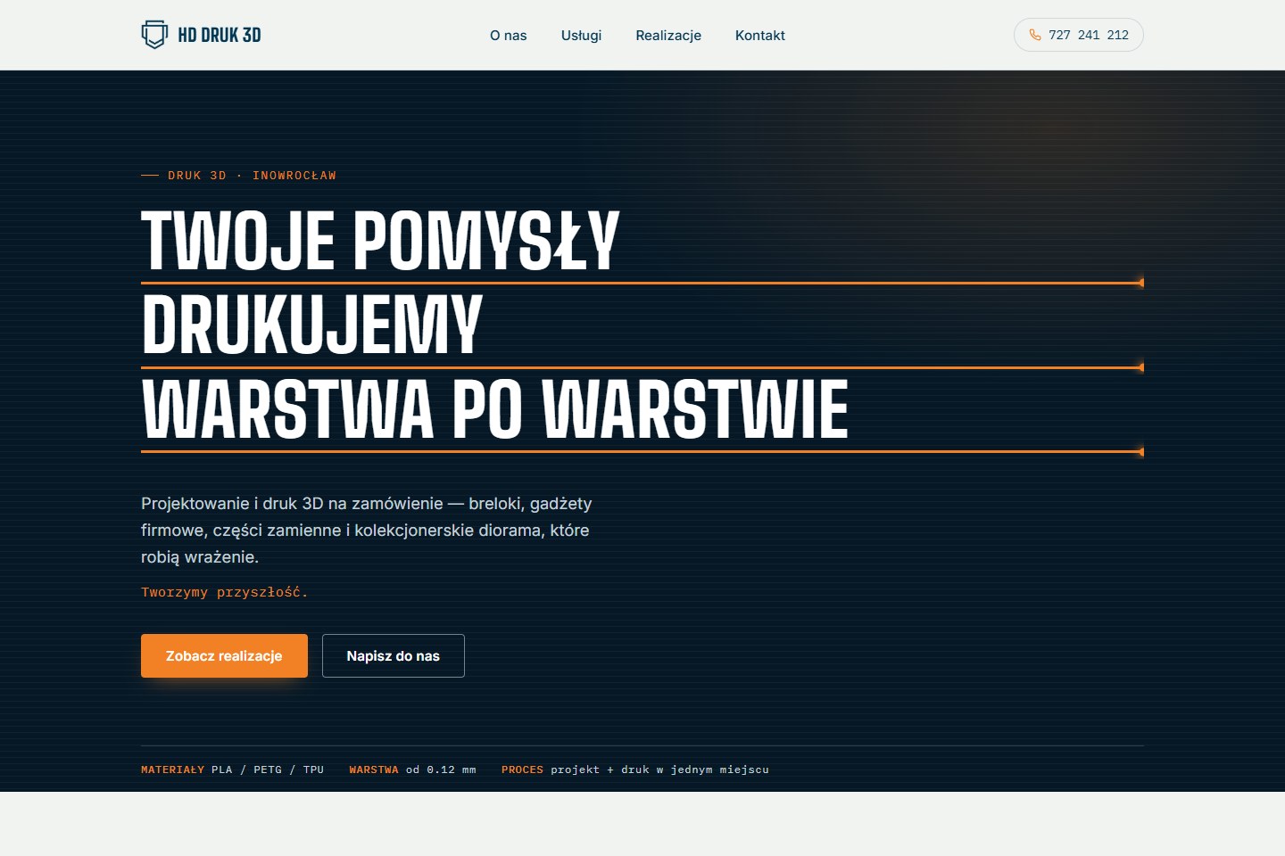 Strona HD Druk 3D — ciemna oprawa z pomarańczowymi akcentami i dużą typografią