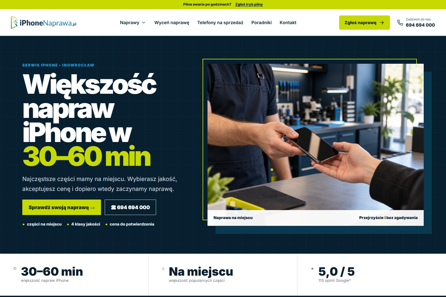 Strona iPhoneNaprawa.pl — granatowo-limonkowy układ i prezentacja serwisu telefonów