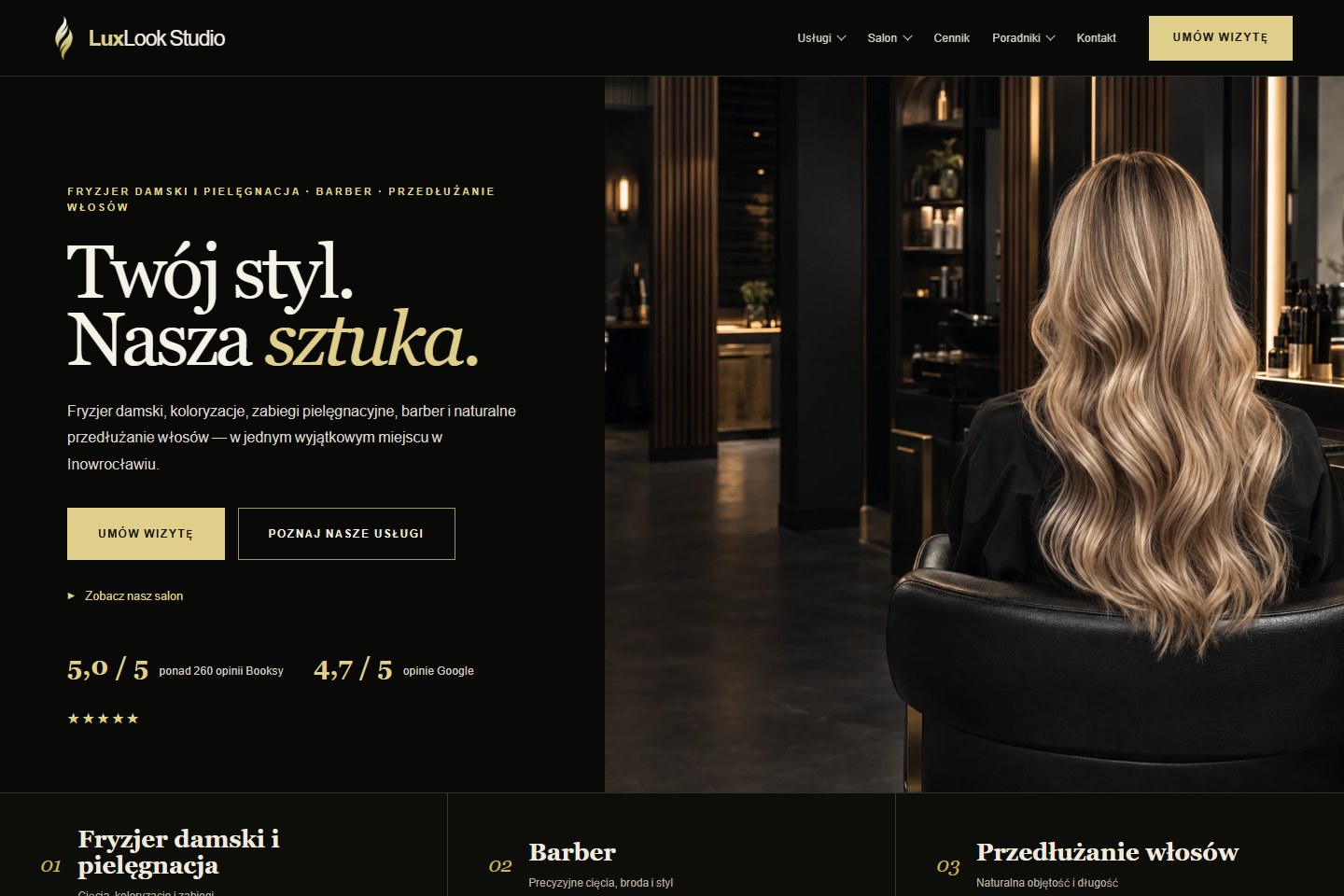 Strona LuxLook Studio — ciemna, złota oprawa i prezentacja usług fryzjerskich