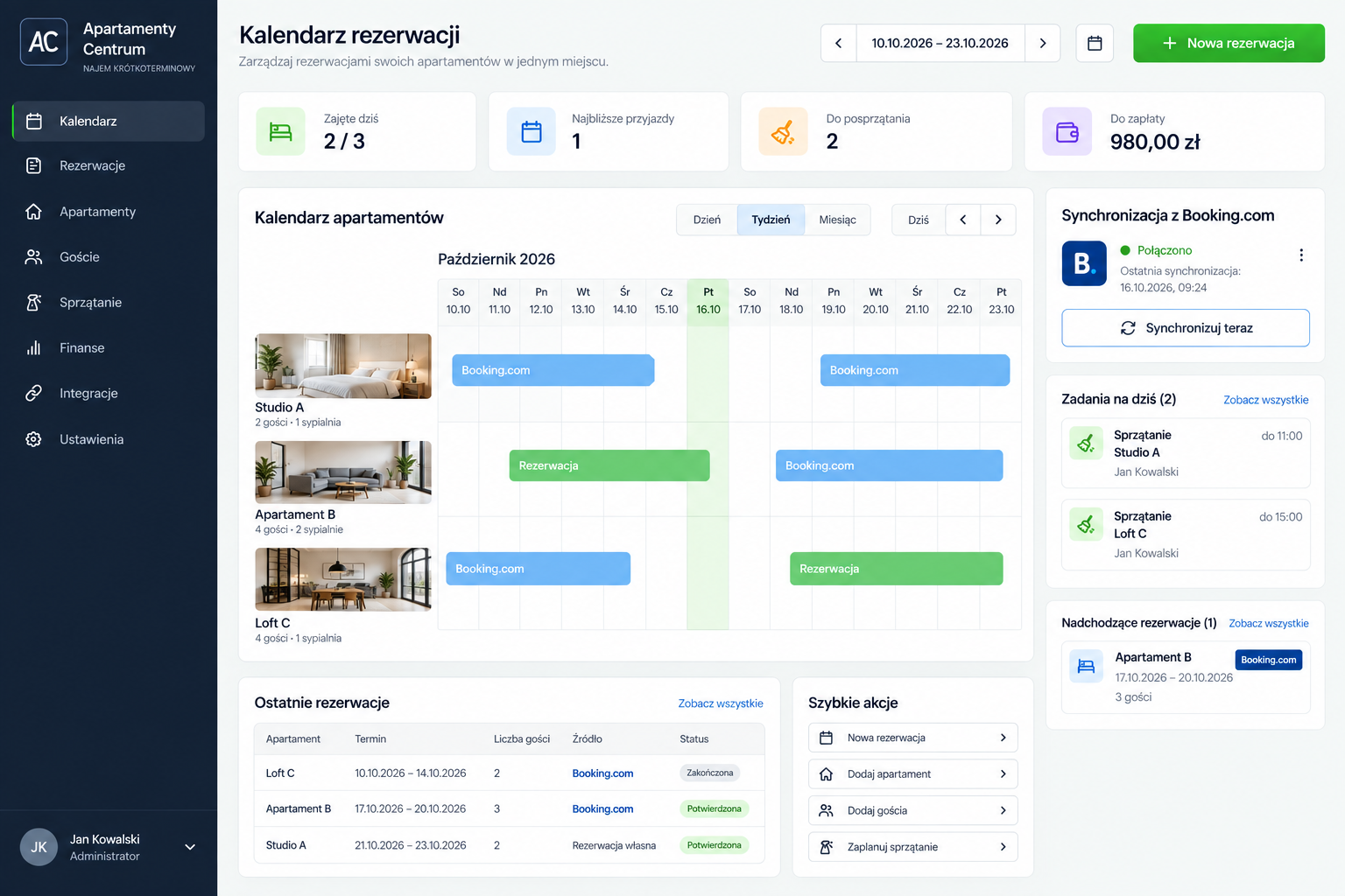 Zanonimizowany panel najmu krótkoterminowego z kalendarzem, synchronizacją Booking.com i zadaniami sprzątania
