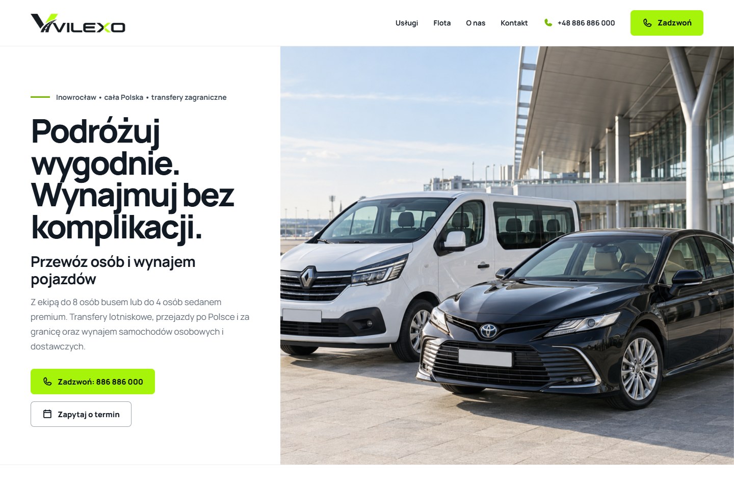 Strona Vilexo — jasny układ z limonkowymi akcentami oraz prezentacją samochodu i busa